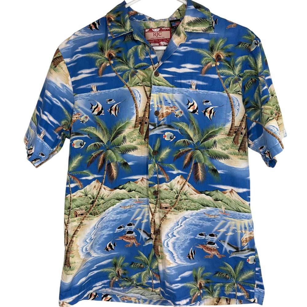 RJC Men's Medium Hawaiian Shirt, Tropical, Fish, Palm Trees, Dolphins, Hut